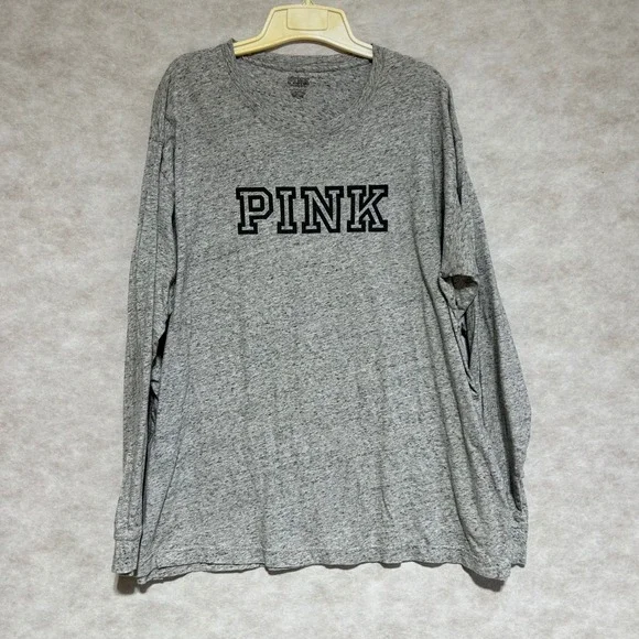 Victoria's Secret PINK Long Sleeve T-Shirt Heather Grey Logo Crew Neck XL - Picture 2 of 8